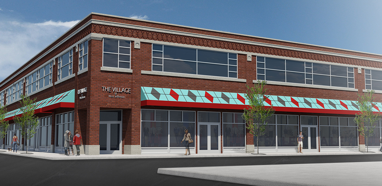 A rendering of the MOLO Village building, with a red brick two-story building with awnings.
